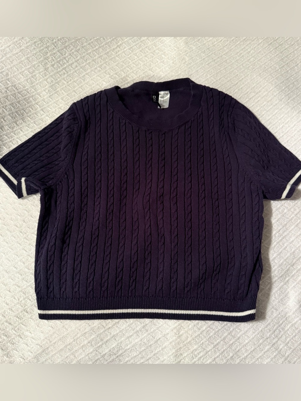 H&M Navy Cable-Knit Short Sleeve Sweater with White Trim
